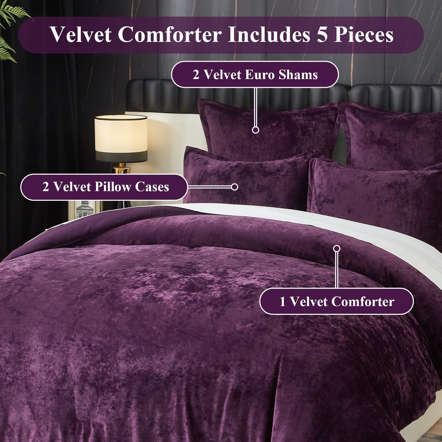 Ivellow Crushed Velvet Comforter Set Queen Purple Comforter Set 5pcs Ultra Soft Lightweight Breathable Bedding Set Luxury Cozy Flannel Comforter Queen Size (1 Comforter,2 Pillow Shams, 2 Euro Shams