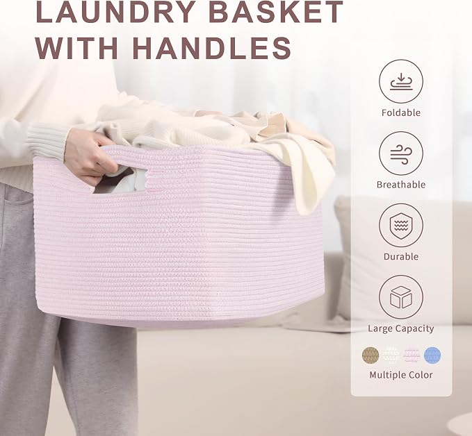 72L Large Baby Girls Laundry Basket for Nursery Storage,Cute Woven cotton Rope Baskets for Kids Toy，Gifts, Boho Square Wicker Blanket hamper for Living Room,Bedroom Dirty Clothes,Pink