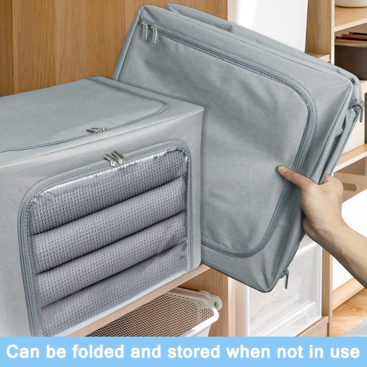 UUBEMM Clothes Storage Bins with Foldable Sturdy Frame,Stackable Storage Box for Closet Shelf Organizers for Seasonal Clothing,Blankets,Towel Bed Sheets,Toys Gift Others (Medium -40L x3PACK, Grey)