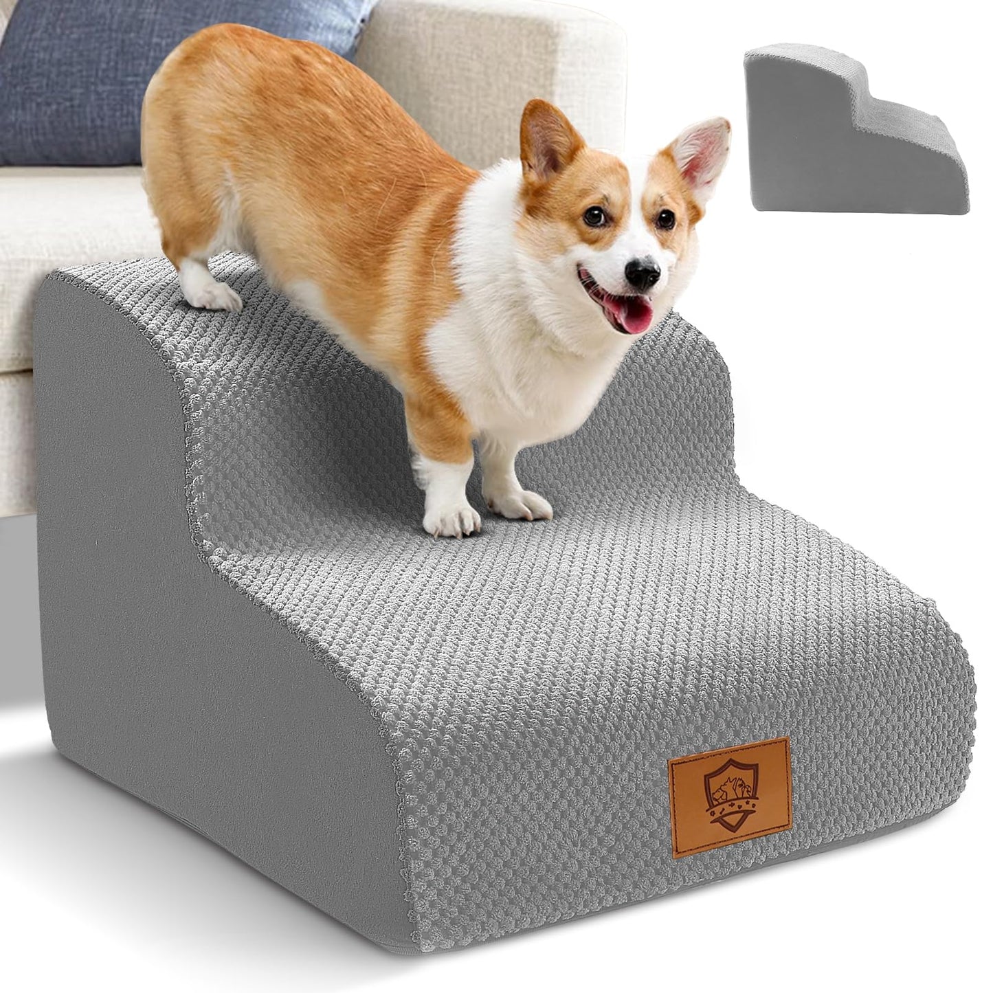 Myiosus Dog Steps for Sofa/Bed, Foam Dog Stairs with Removable Waterproof Cover, Non-Slip Pet Steps for Small Dogs & Cats, Injured Pets up to 50 lbs, 30 cm High Steps for Dogs to Get on the Bed, Grey