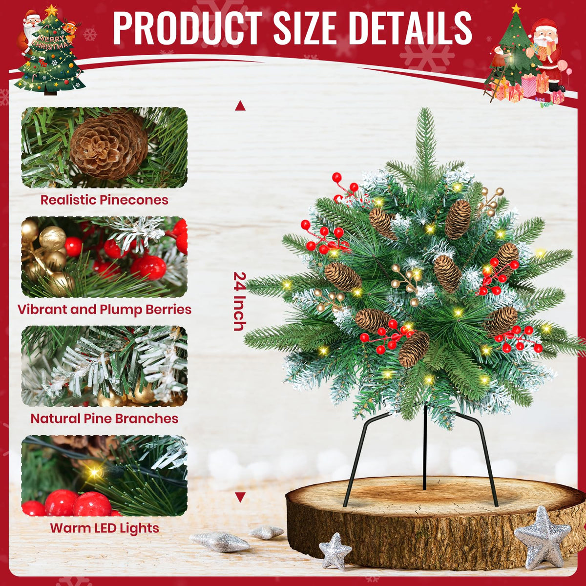Set of 2 24Inch Lighted Christmas Tree Urn Filler, Artificial Holiday Planters, Flocked Xmas Trees with Cones Berries, Outdoor Christmas Decorations for Planter, Porch, Yard