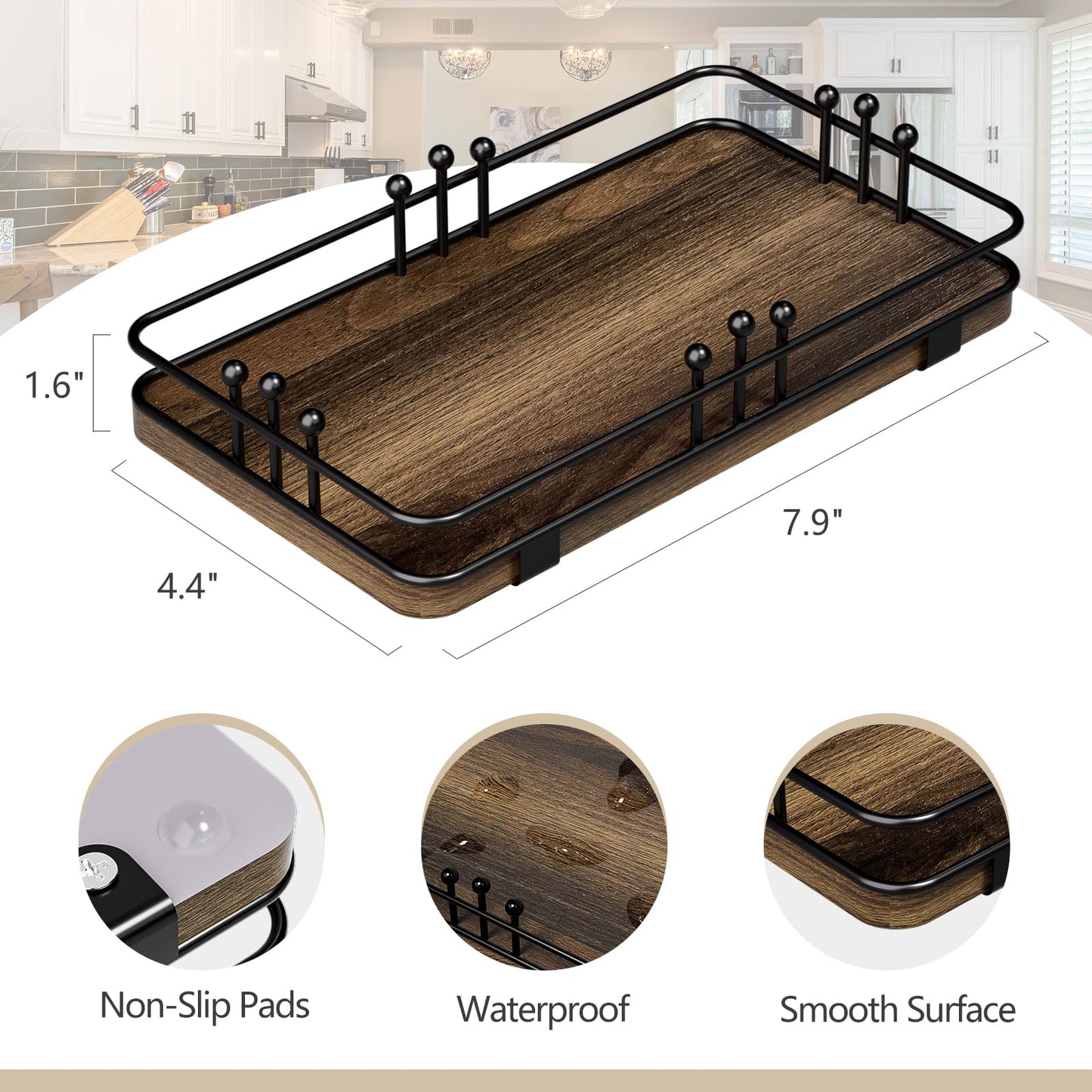 Pursura Bathroom Vanity Tray for Toiletries Makeup Perfume Candle Toilet Tank, Kitchen Tray for Soap Dispenser Spice Salt, Small Tray for Countertop Decor Coffee Nightstand 7.9”x4.4” Brown-Black