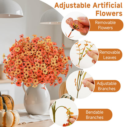 Alupssuc 24 Bundles Autumn Artificial Flowers Outdoor Decorations, Silk Violet Plastic Fake Flower Plants for Hanging Baskets Garden Porch Window Home Vases Wedding Farmhouse Decor, Orange and Red