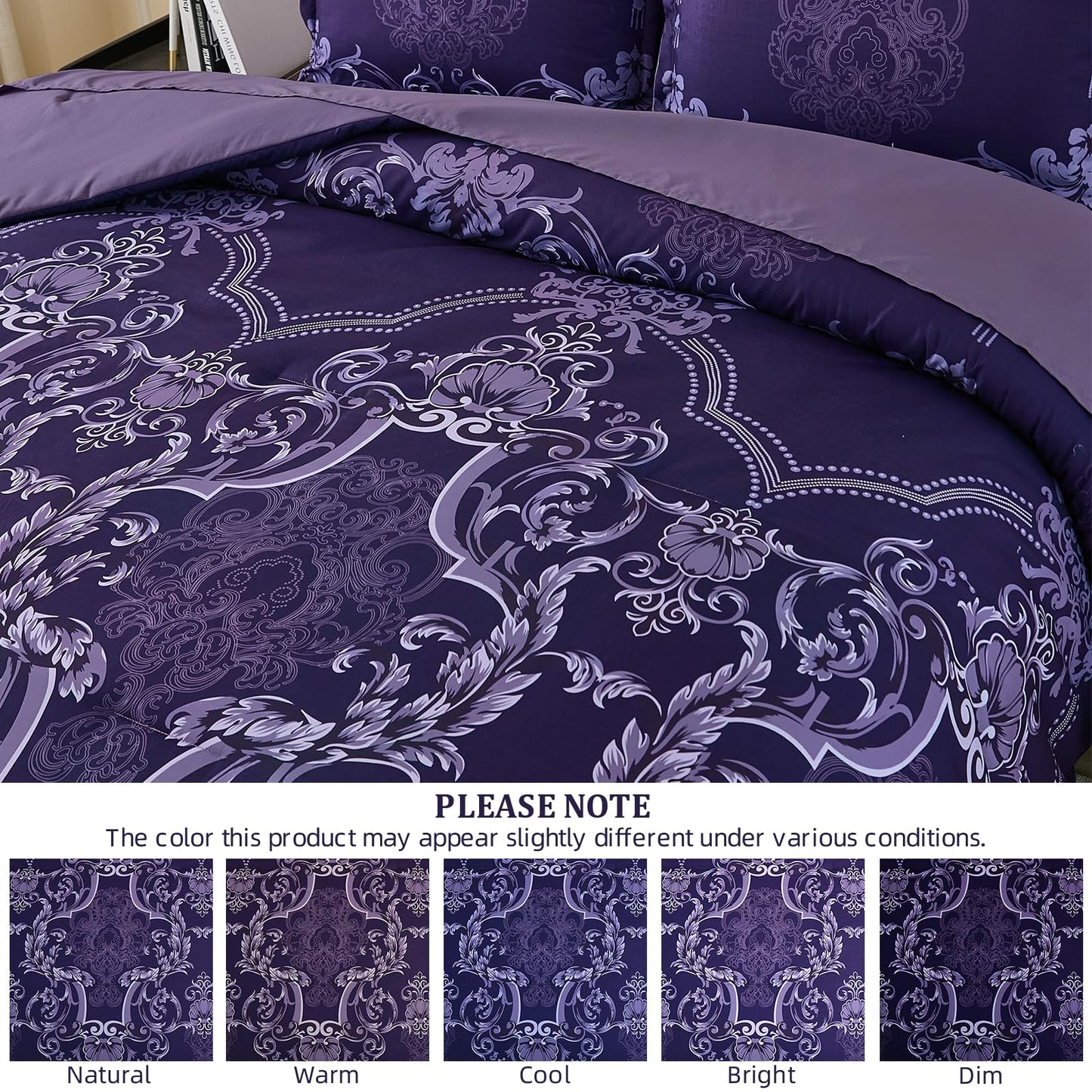 Mybedsoul 7 Pieces Dark Purple Comforter Set King Size, Damask Bed in a Bag for King Bed, Lightweight Microfiber Boho Bedding Sets with Comforter, Sheet, Pillowcases & Shams for All Season(90"x104")