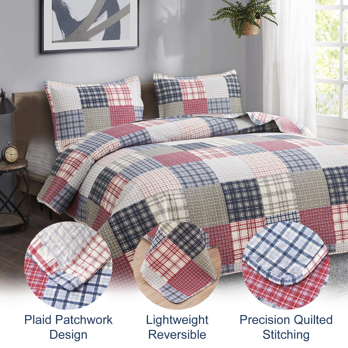 Plaid Quilt Set - Queen Size Patchwork Bedspread and Coverlet - Reversible, Soft Microfiber - All Season Boys Mens Bedspread in Red, Blue, White