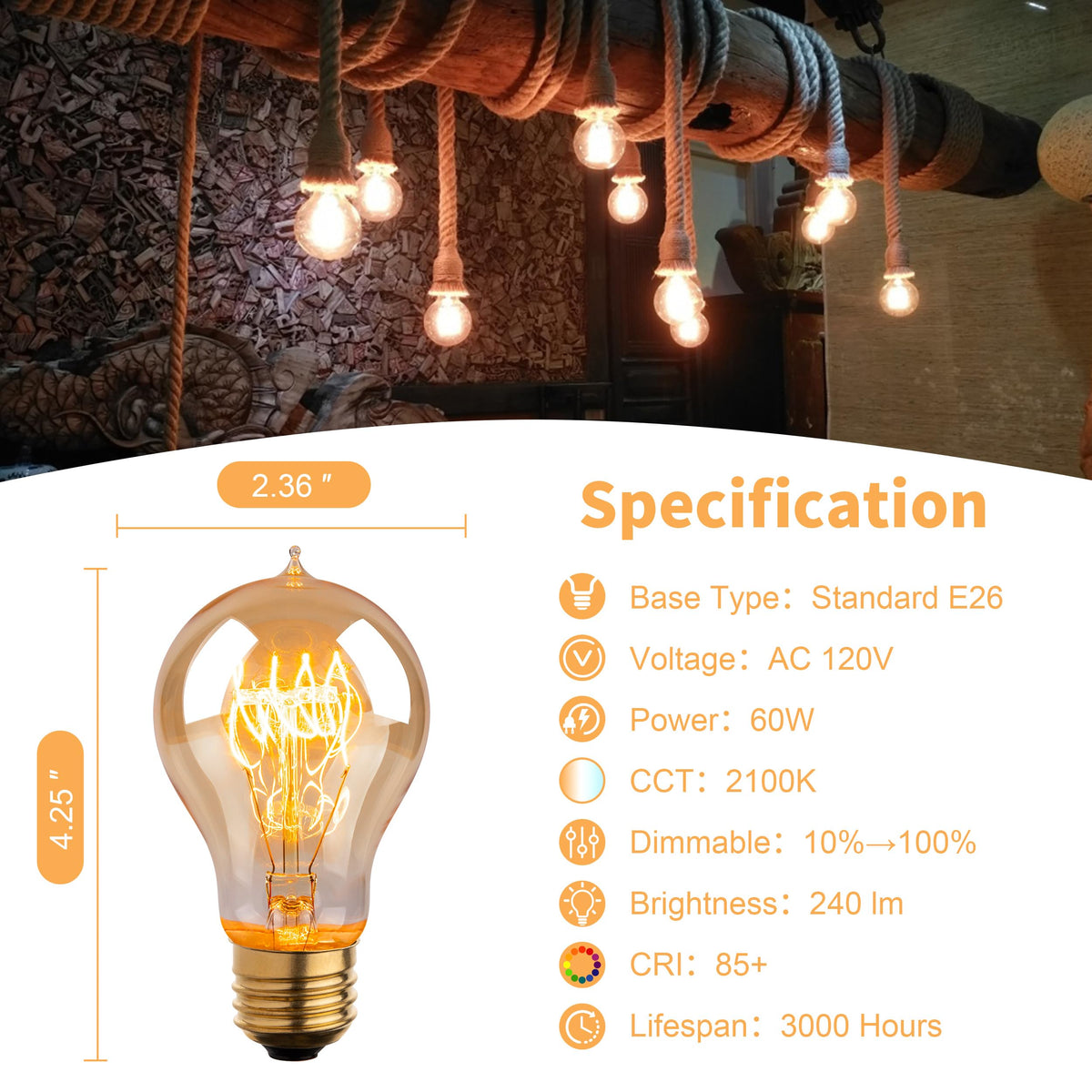 Warm Incandescent Light Bulbs 60 Watt,A19/A60 Vintage Style Edison Bulbs E26,Soft Yellow Light Bulbs,Amber Bulbs,Retro Light Bulb Old Fashioned,Halogen Dimmable Edison Bulb Squirrel Cage 12 Pack
