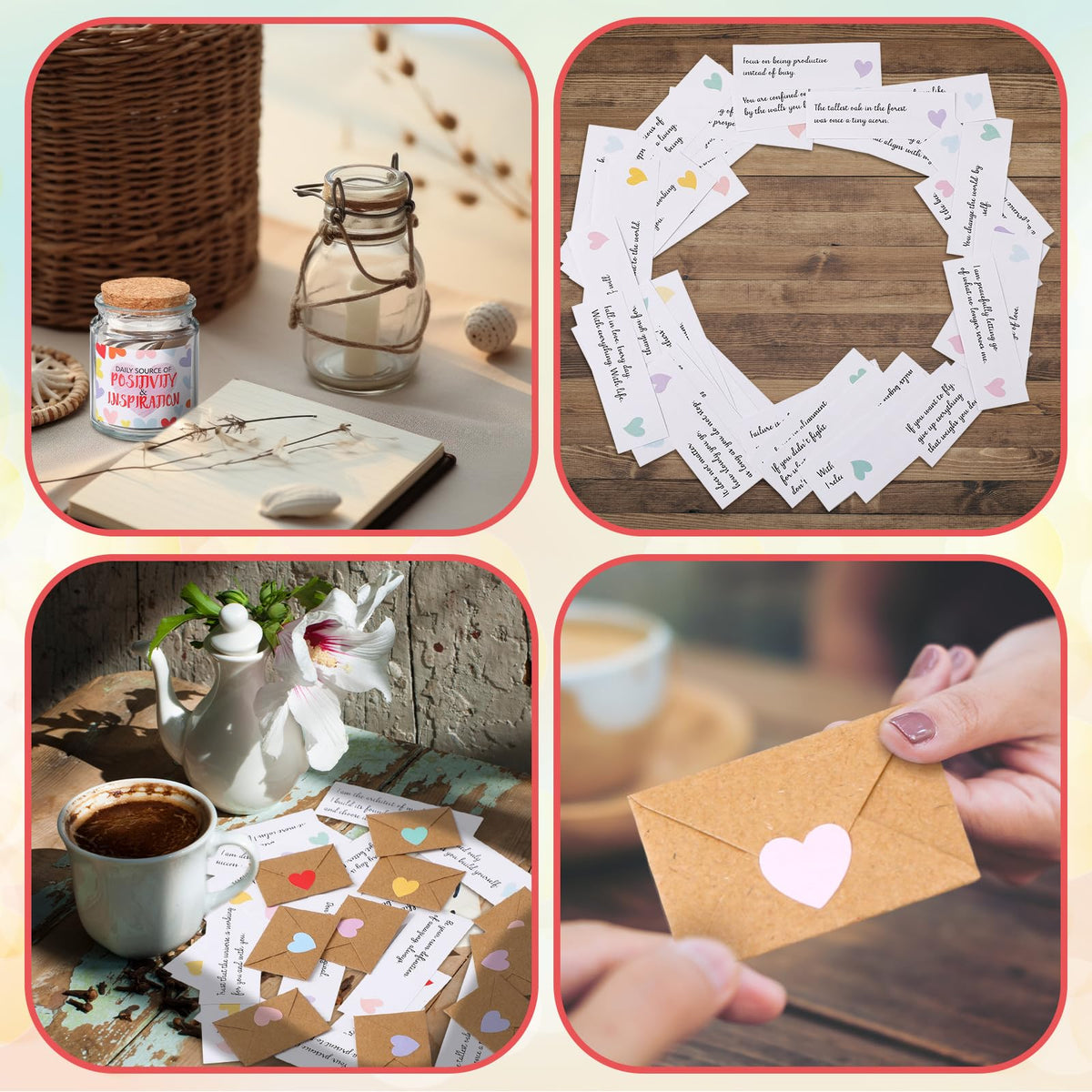 Maitys Positive Affirmation Gifts Include Positive Glass Jar with 60 Inspirational Quotes Cards 60 Mini Envelopes and 64 Heart Stickers Encouragement Appreciation Cards Gratitude Gifts for Women Men