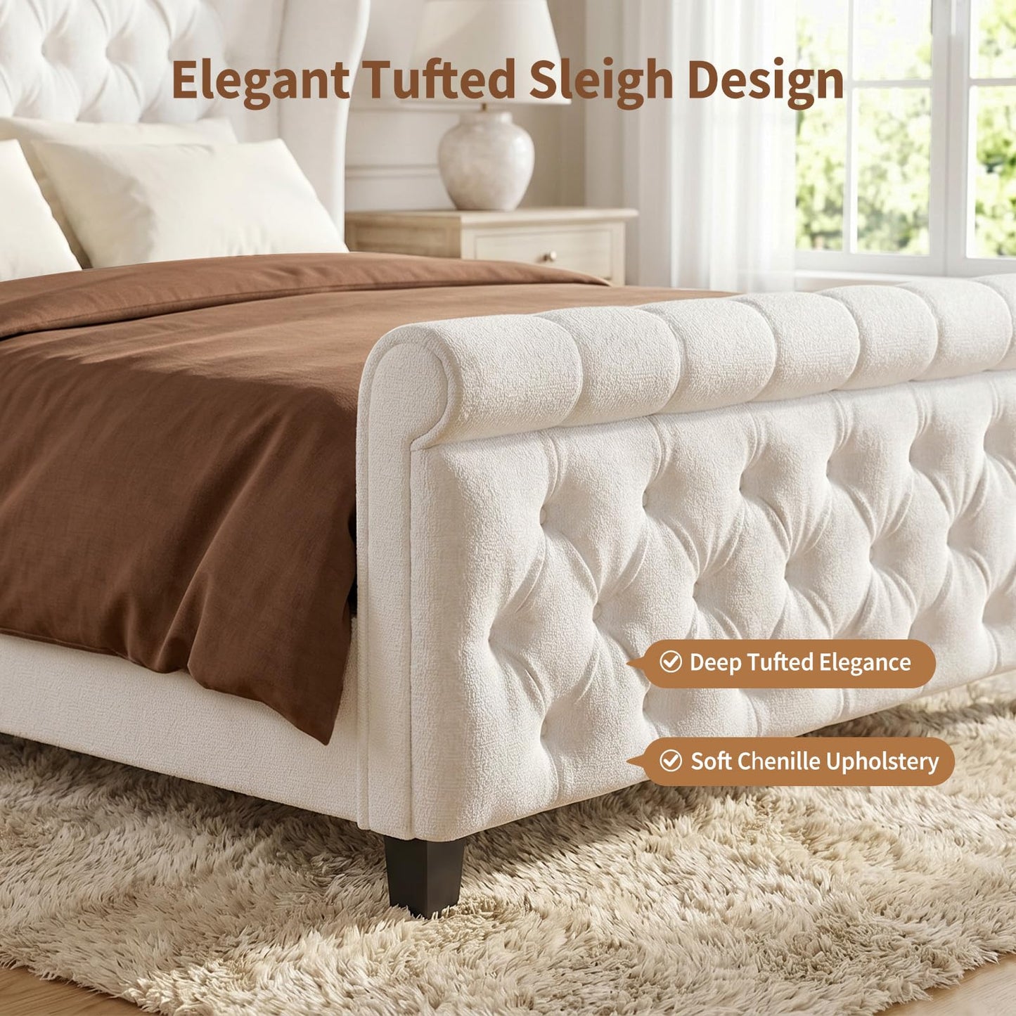 koorlian Queen Size Bed Frame with Headboard,Chenille Upholstered Sleigh Platform Bed,Luxury Button-Tufted Wingback Headboard 50.6" Tall & Sleigh Footboard,No Box Spring Needed,Easy Assembly