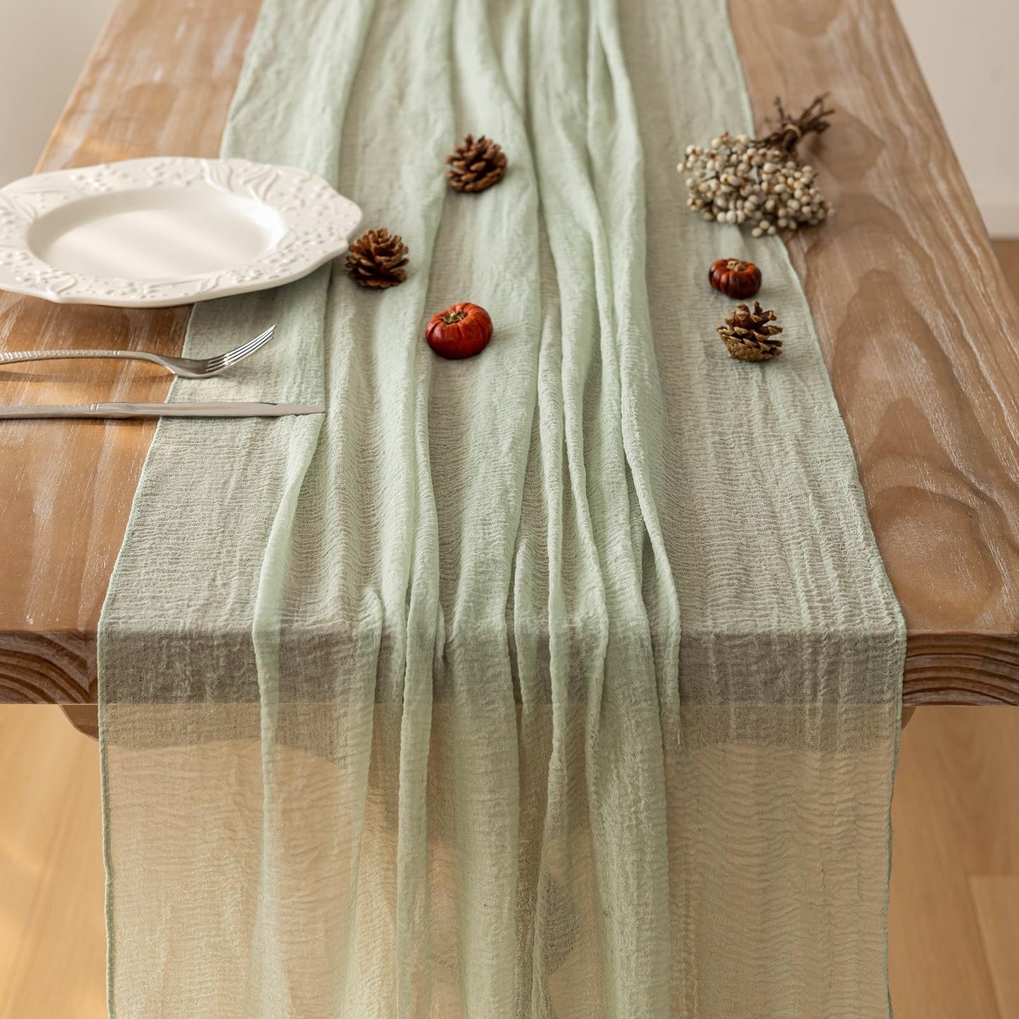 Keketoarrange Sage Green Table Runner Cheesecloth 120 Inch 10 FT Rustic Boho Cheese Cloth Table Runner for Wedding Baby Shower Bridal Shower Sheer Gauze Centerpiece Spring Summer Home Decorations