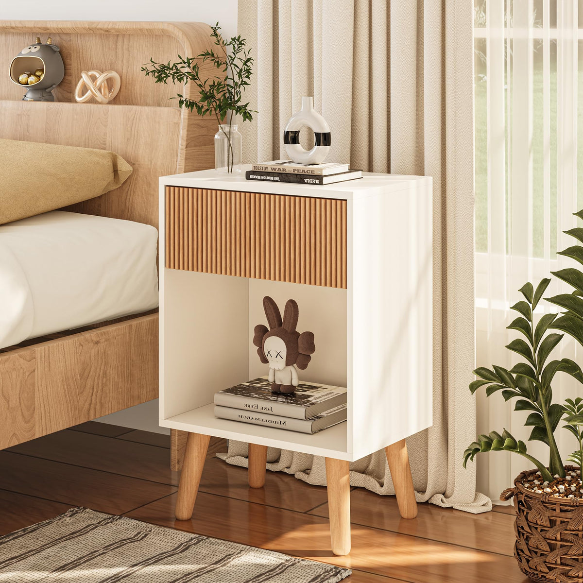 Fluted Nightstand, Modern Bedside Table with Storage Drawers and Open Wood Shelf, Night Stand with Solid Wood Legs, End Tables Side Tables for Living Room, Bedroom