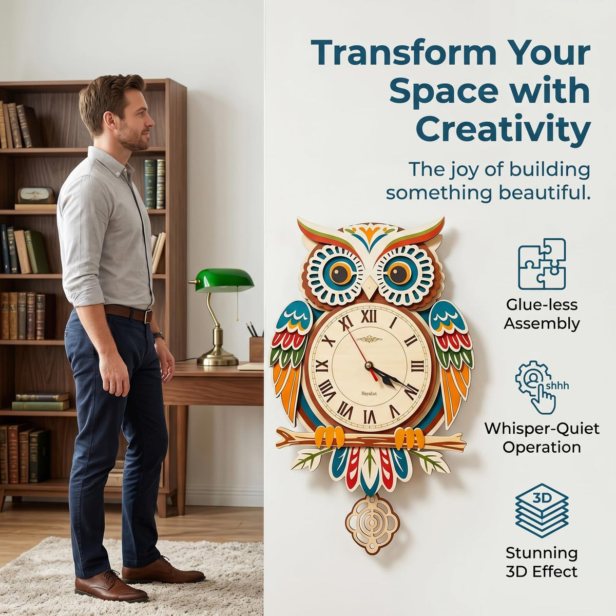 Wooden Owl Clock Puzzle—A 3D DIY Assembly kit for a Decorative wall Clock, Featuring Autumn Leaves and Bird Motifs, Perfect for Rustic Farmhouse-Style Decor in Kitchens and Living Rooms