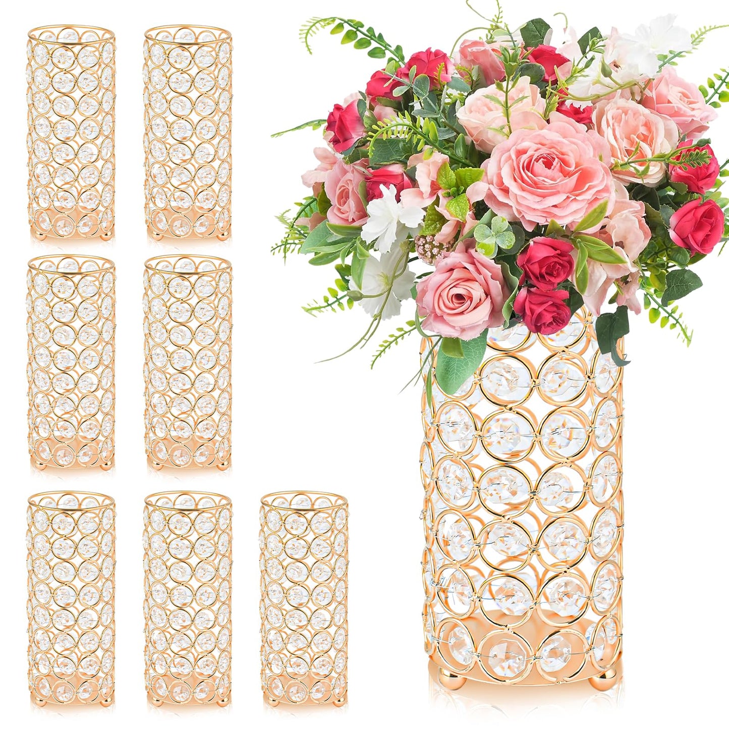 KEHAIL 8 Pcs Crystal Metal Vase Centerpiece, 7.9" Cylinder Flower Vase and Hollow-Out Candle Holder for Wedding, Party, Home Table Decor (8, Gold)