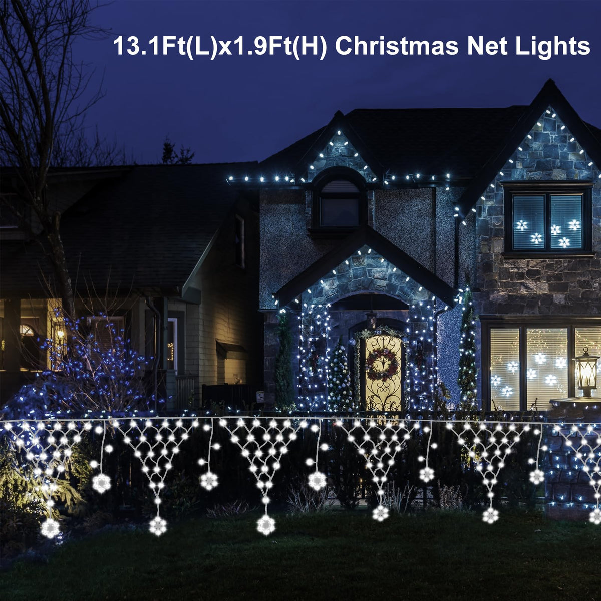 DBFAIRY Christmas Net Lights Plug in,207LED Snowflake Hanging Net Light 13.1 x1.9Ft
