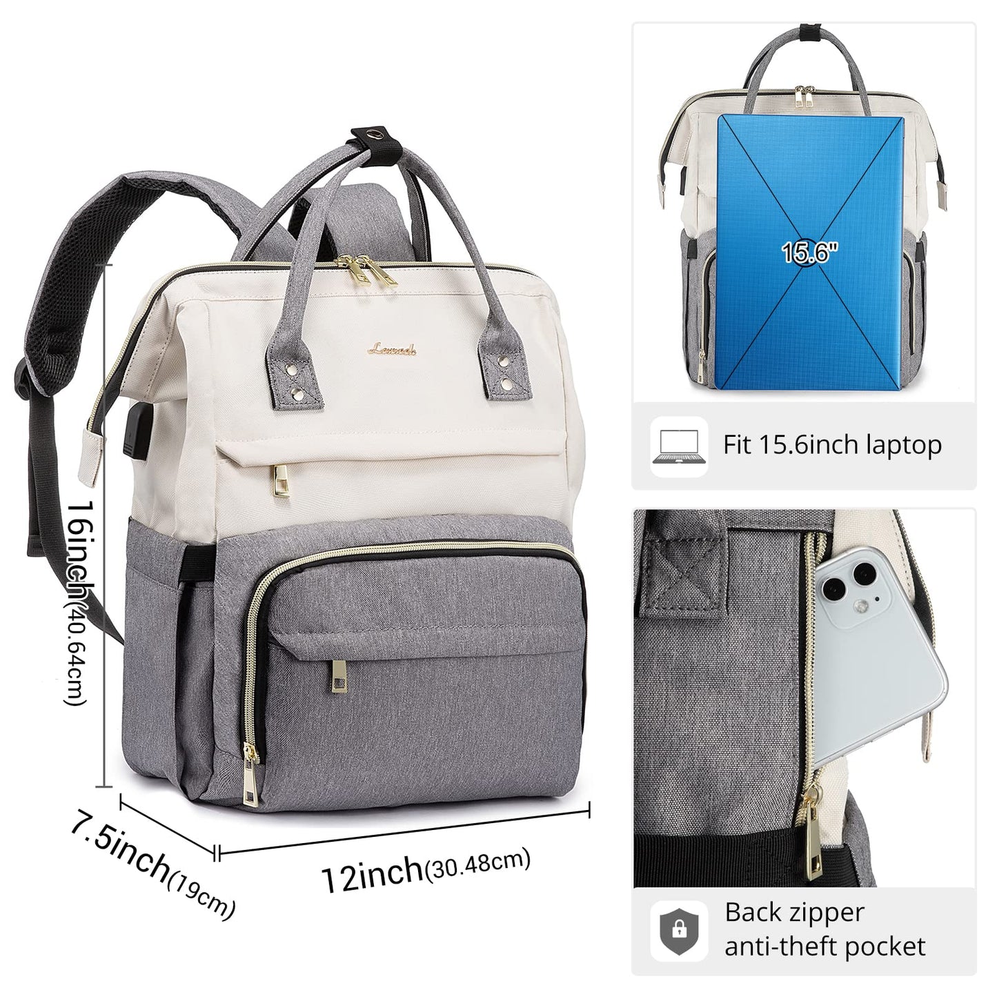LOVEVOOK Laptop Backpack Women 15.6 inch, Work Bags for Womens, School Computer Bag with USB Port for Business College Travel, Rucksack for Teacher Nurse,BeigeGrey