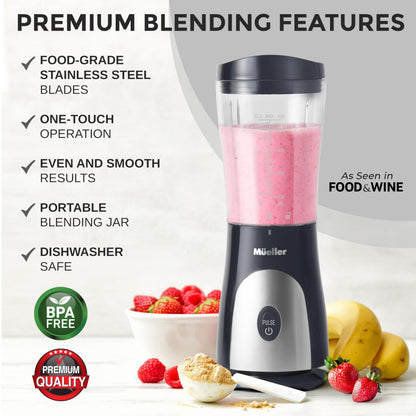 Mueller Smoothie Blender for Smoothies - Personal Blender for Shakes, Frozen Drinks, Baby Food & More, 15oz Travel Cup and Lid, Durable Stainless Steel Blades for Powerful Blending Performance, Black