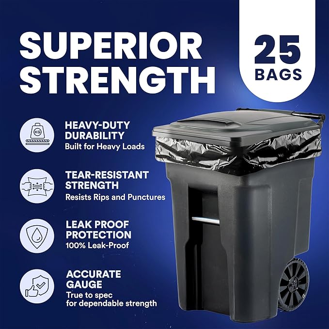 Plasticplace 64-65 Gallon Black Trash Bags, Heavy Duty Toter Can Liners