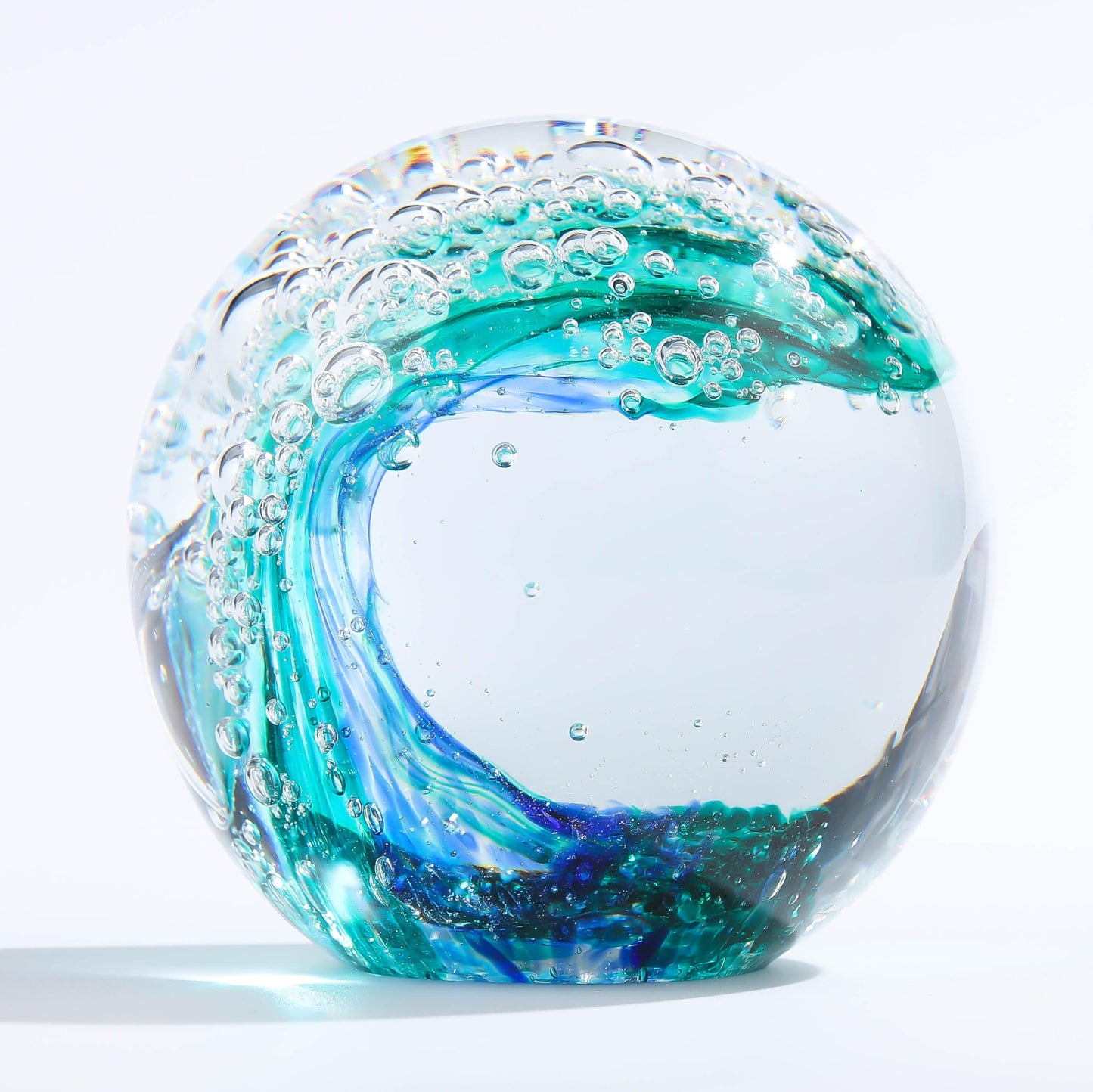 Qianwei Hand Blown Ocean Waves Crystal Ball - Glass Collectible Figurines Spere - Paperweight Glass Ball Aquarium DecorOffice Decor Ocean Lovers