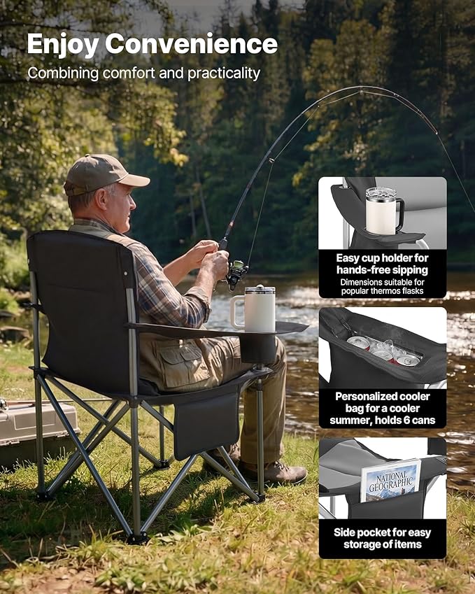 VEVOR Oversized Camping Folding Chair, Portable Heavy Duty Outdoor Quad Lumbar Back Padded with Side Pockets, Cup Holder and Cooler Bag for Beach, Lawn, Picnic, Fishing, Backpacking, 2 Pack