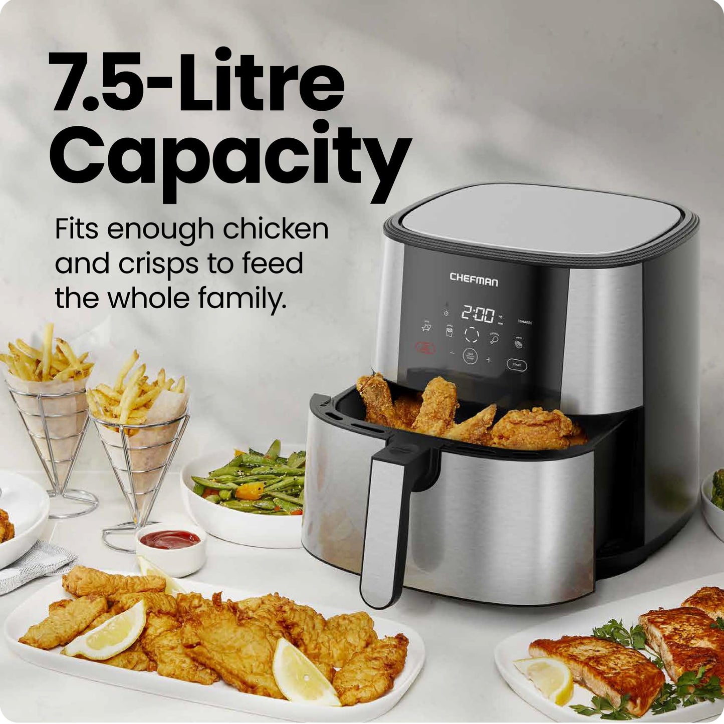 Chefman TurboFry® Touch Air Fryer, XL 7.5 Litre Family Size, 1800W Power, 4 Presets, Uses No Oil, Nonstick Dishwasher-Safe Parts, Automatic Shutoff, Stainless Steel, Uk