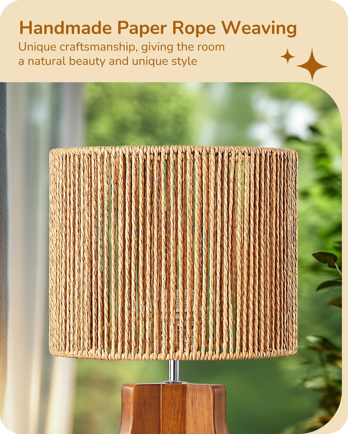 EDISHINE Small Table Lamp, Rose Wood Tripod Nightstand Lamp, Handwoven Paper Rope Shade, 14.6" Rattan Bedside Lamp for Bedroom Living Room, Office, On-Off Line Switch, E26 Base(Bulb Not Included)