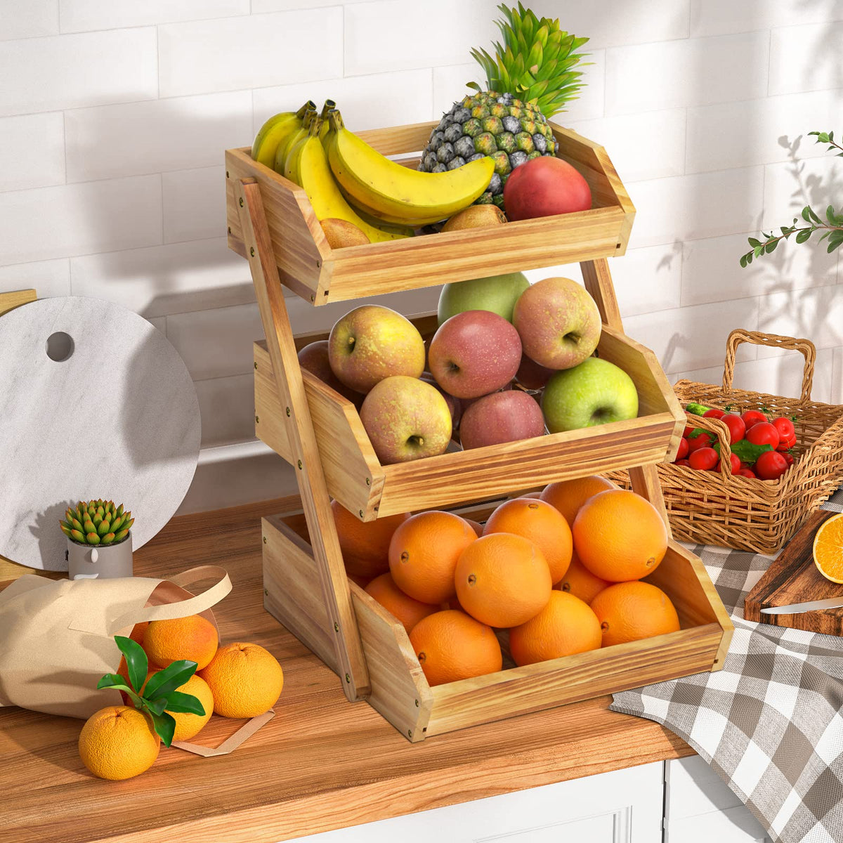 Merysen 3-Tier Wooden Fruit Basket For Kitchen Countertop, Bread Vegetable Basket Bowl Stand, Large