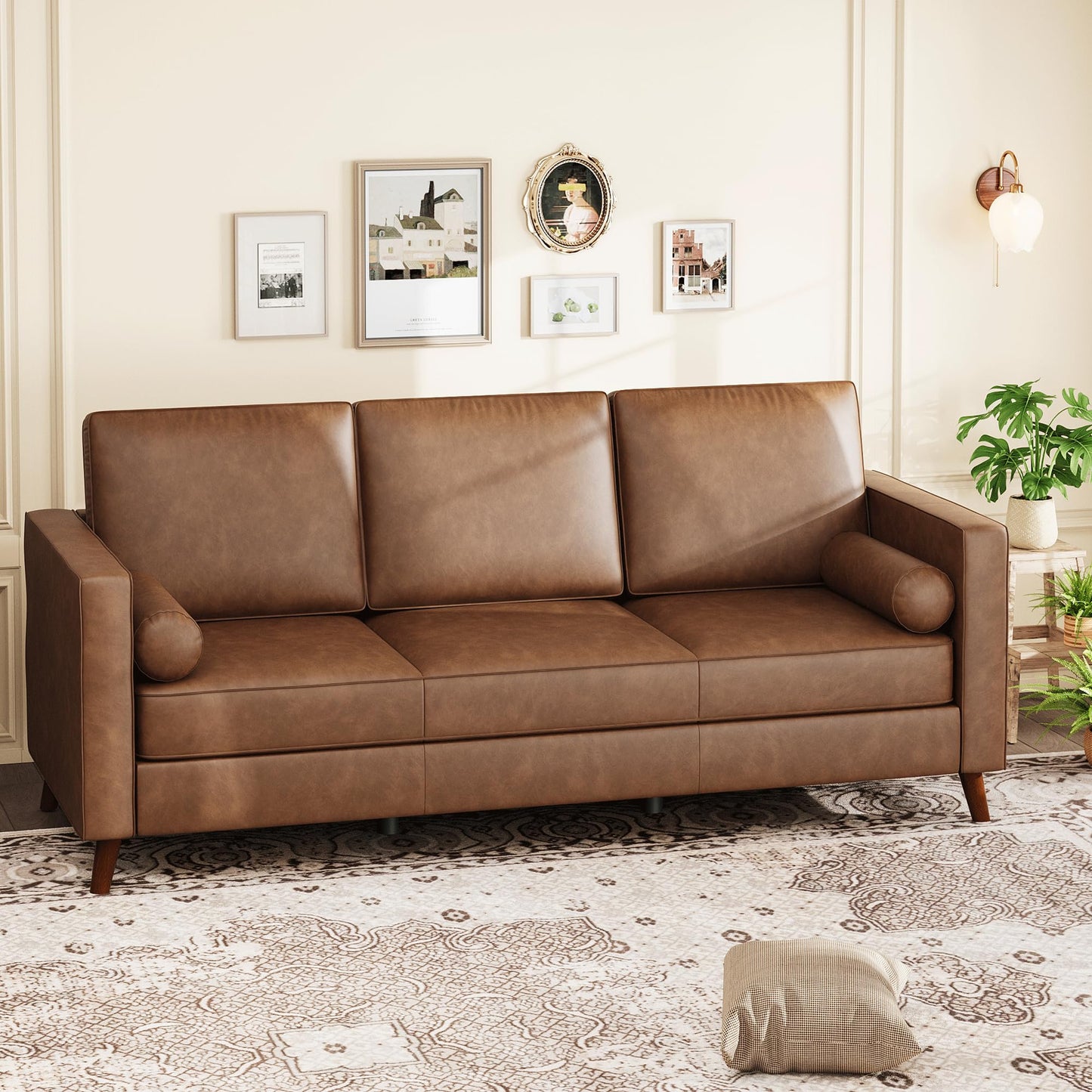 PeacefulHues 81" Leather Sofa, Mid-Century Modern Deep Seat Couch, PU Leather Couch, 3-Seat Sofa for Living Room, Office, Brown