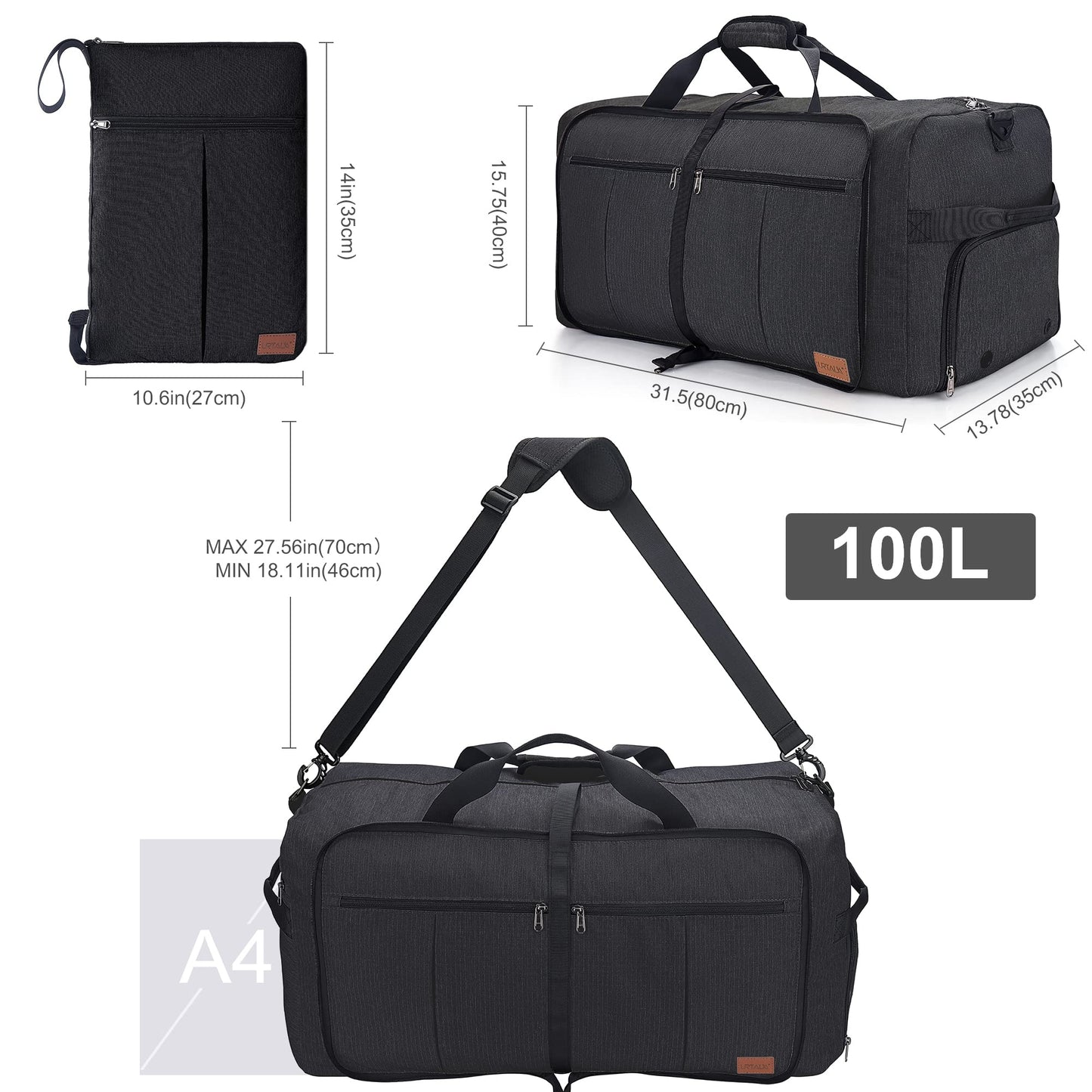 Urtala Travel Bag for Men & Women, 100L Foldable Duffel Bag Holdall Tote Carry on Luggage Weekend Overnight Bag with Shoe Compartment & Shoulder Strap, Lightweight Waterproof