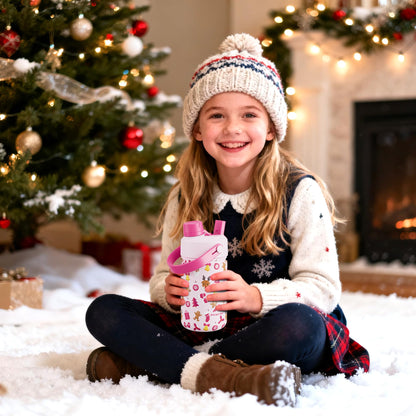 12 oz Kids Christmas Insulated Water Bottle: 2-in-1 Straw Spout Lid, Leakproof, BPA-Free, Keep Cold 24H, Stainless Steel Cup with Carrier Bag for Party, Travel, Holiday Gift (Santa's Jolly Wishes)