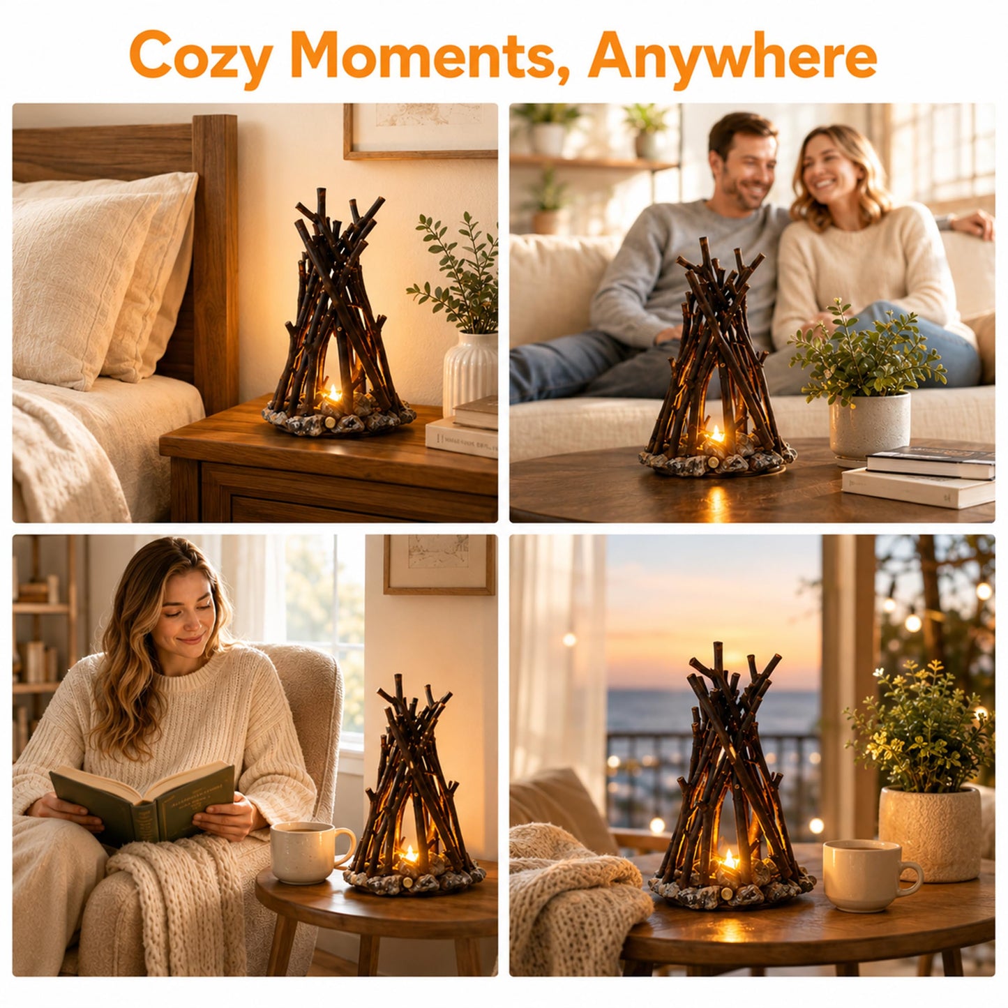 Lubocrat Rustic Farmhouse Campfire Table Lamp, Flame Crackling Night Light