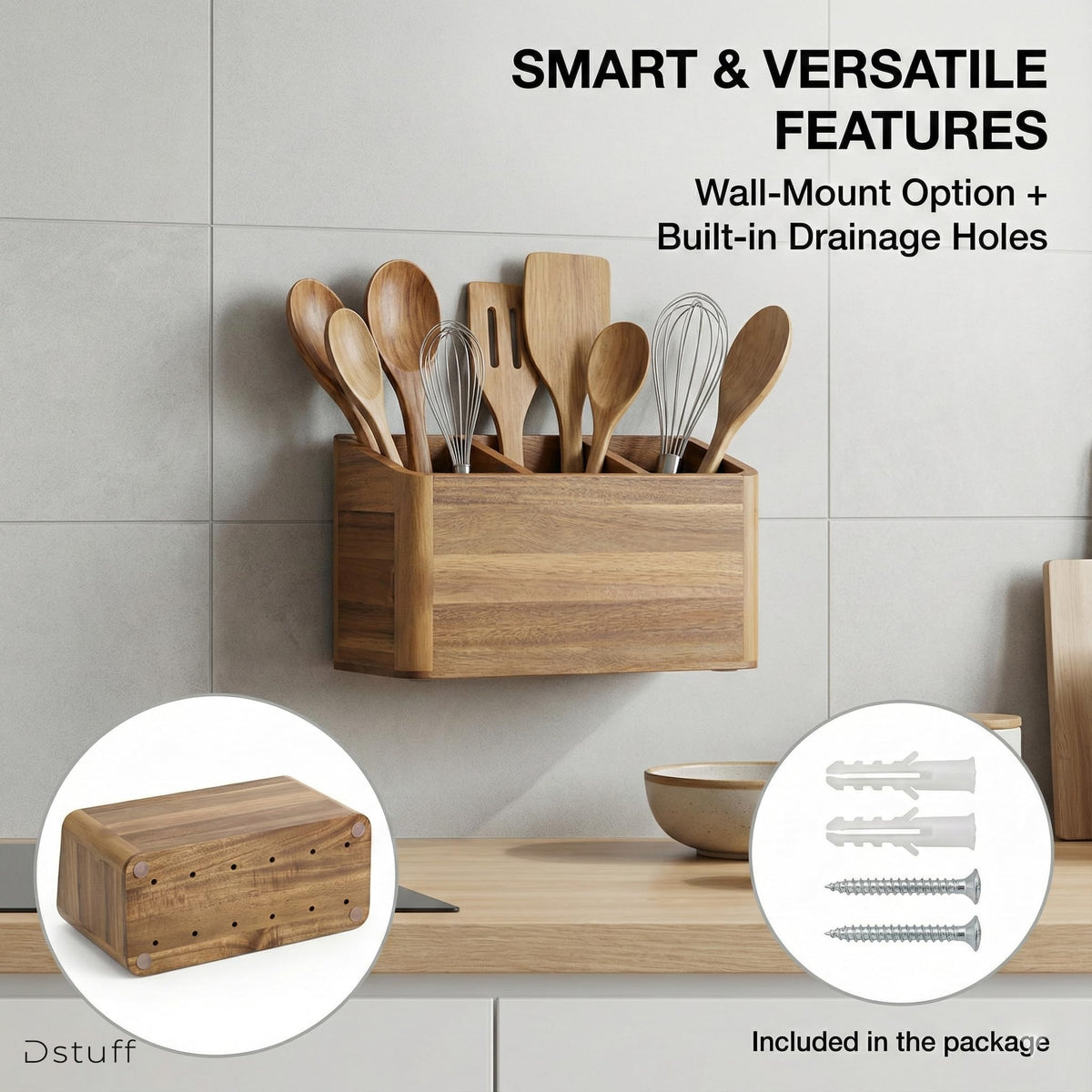 Dstuff Large Kitchen Utensil Holder Organizer for Counter or Countertop, Large Wooden Utensil Holder for Storage Cooking and Silverware with 3 Compartment, Acacia Rustic Wood Container Extra Large
