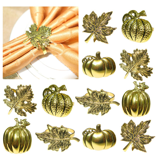 HADDIY Thanksgiving Napkin Rings,Fall Napkin Ring Set of 12 Vintage Gold Metal Leaf and Pumpkin Napkin Holder for Autumn Thanksgiving Dinner Table Settings Decoration