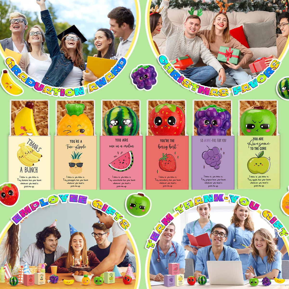 JellyArch Funny Dancing Fruit Inspirational Gifts for Employee Cute Positive Work Stress Relief Gifts for Coworker Fruit Stress Balls with Affirmation Motivational Pun Box for Staff Student(24 Sets)