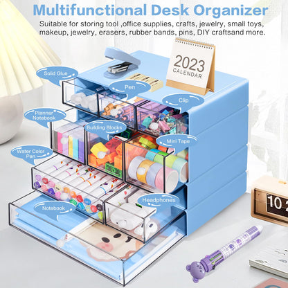 FODIENS Desk Storage Organizer with 9 Drawers, 4 Tiers Stackable Desktop Craft Storage Drawers, Clear Storage Box Caddy for Stationary Makeup Jewelry Office Craft Supplies (Blue)