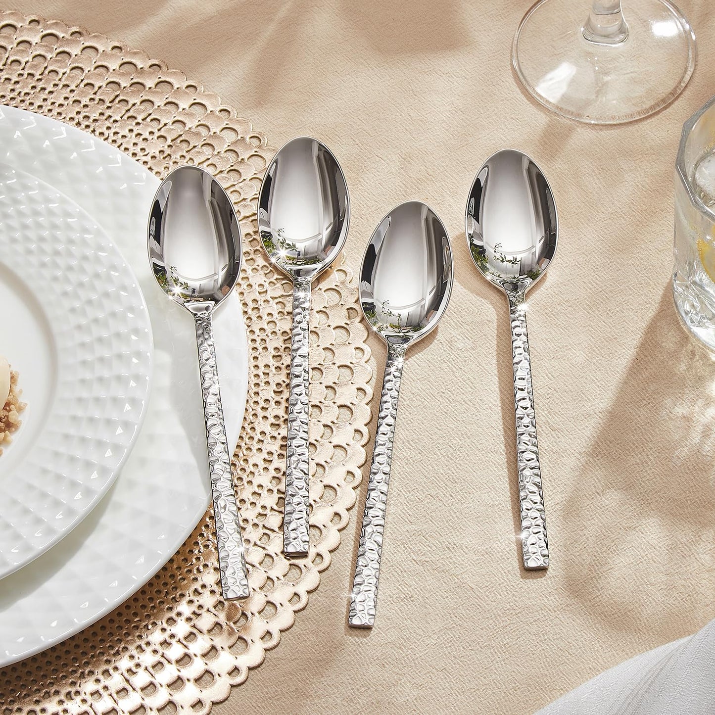 KINGSTONE 12-Piece Hammered Teaspoons Set, 7.06-Inch 18/10 Stainless Steel Tea Spoons, Mirror Finish Small Dessert Spoons, Dishwasher Safe for Home and Kitchen