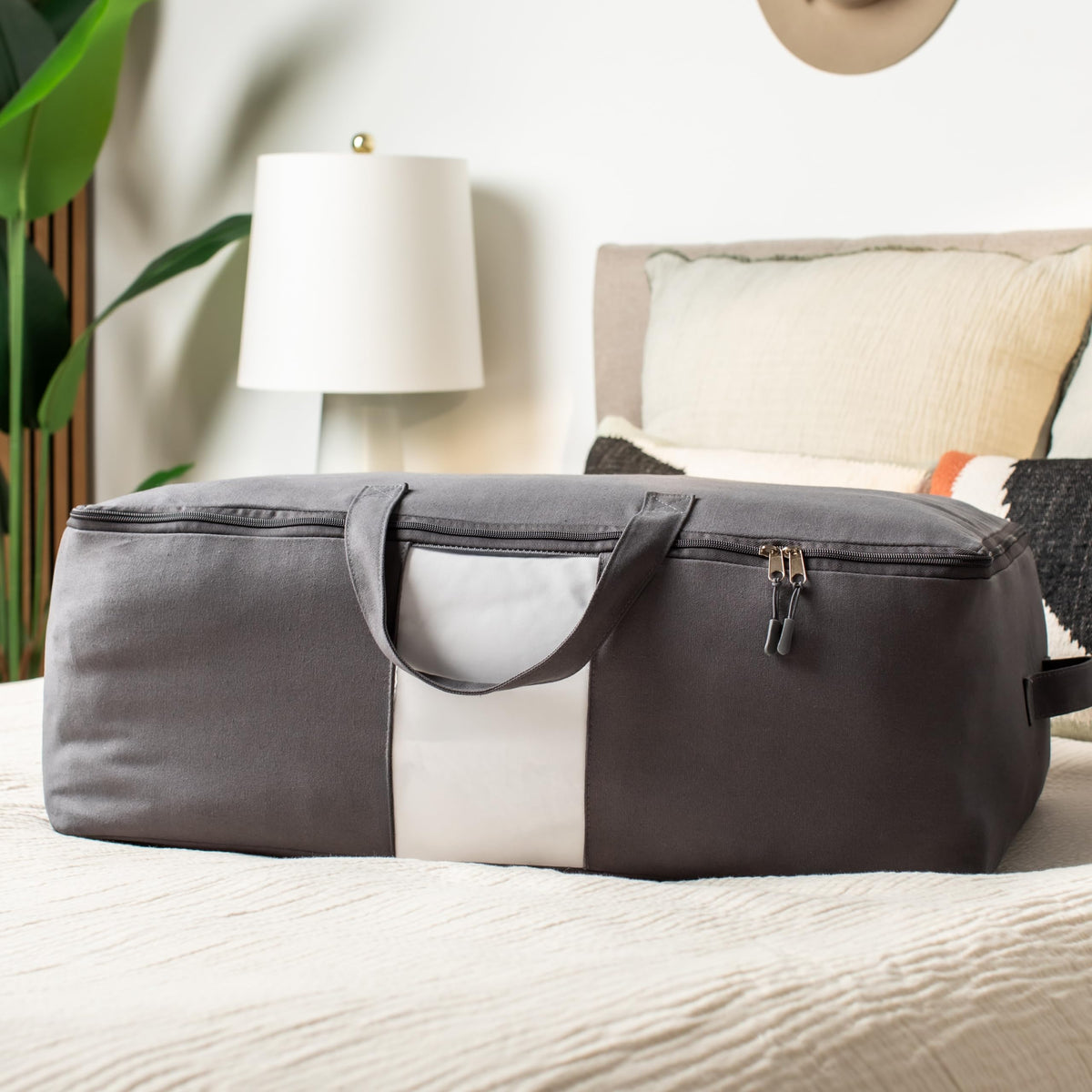 Soft Canvas Storage Bags with Zipper. Thick Breathable, 1pc King/Queen Comforter Organizer. Four Carrying Handles and Window. Large 25x19x9in Bag for Sheets Blankets Bedding Pillows, Clothes (Grey)