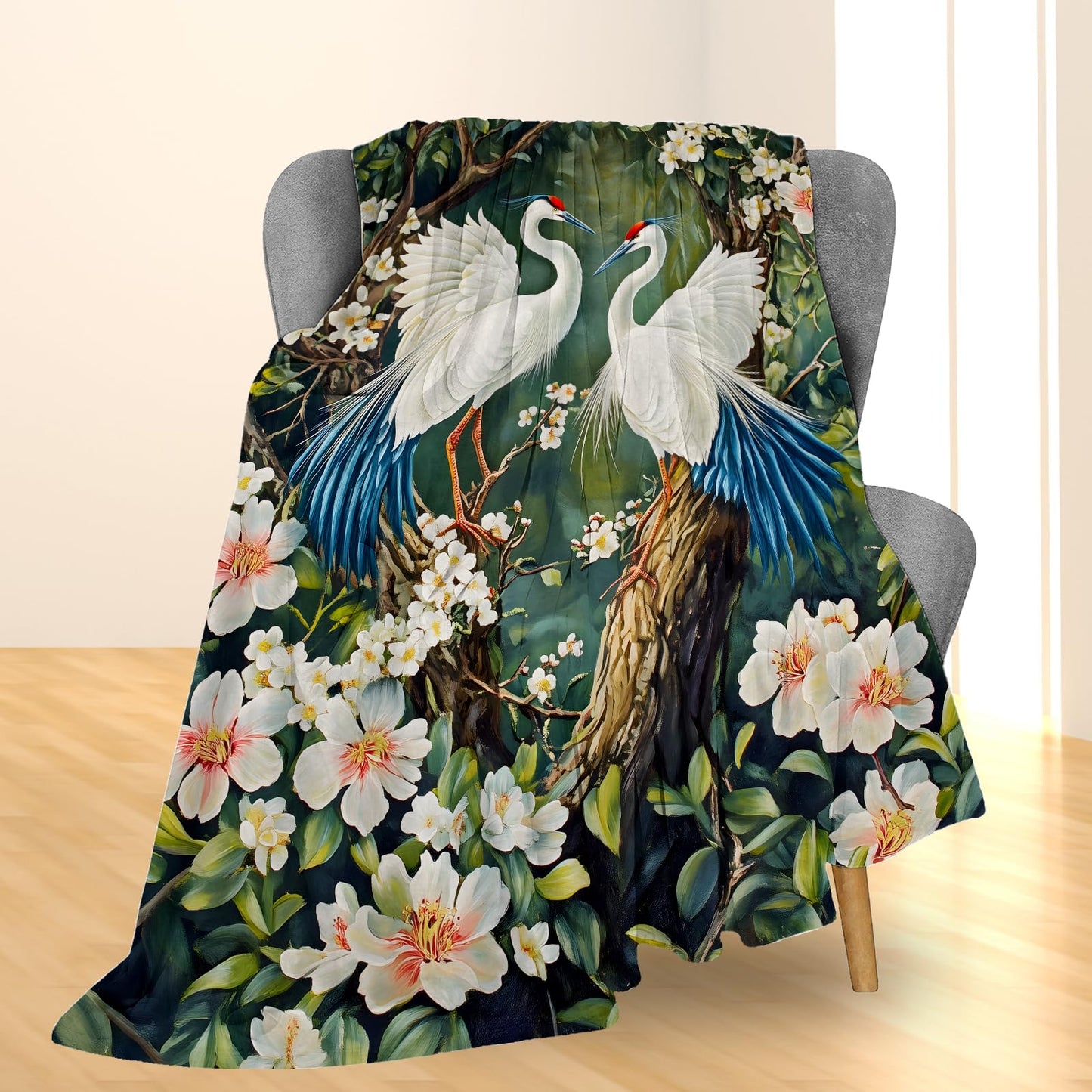 Ti Caldi Red-Crowned Crane & Lush Flowers Blanket, Soft Cozy Flannel Throw Blanket for Adults Kids Women Men, Lightweight Warm Fuzzy Blankets for Bed, Couch, Travel & Home Decor 60×50 in