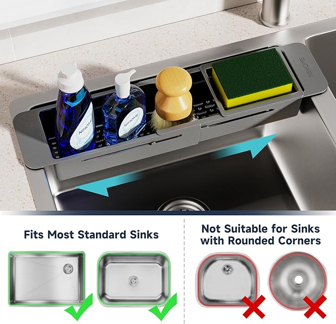 NiHome Extendable Over Sink Kitchen Organizer, Small Telescopic Brush Storage