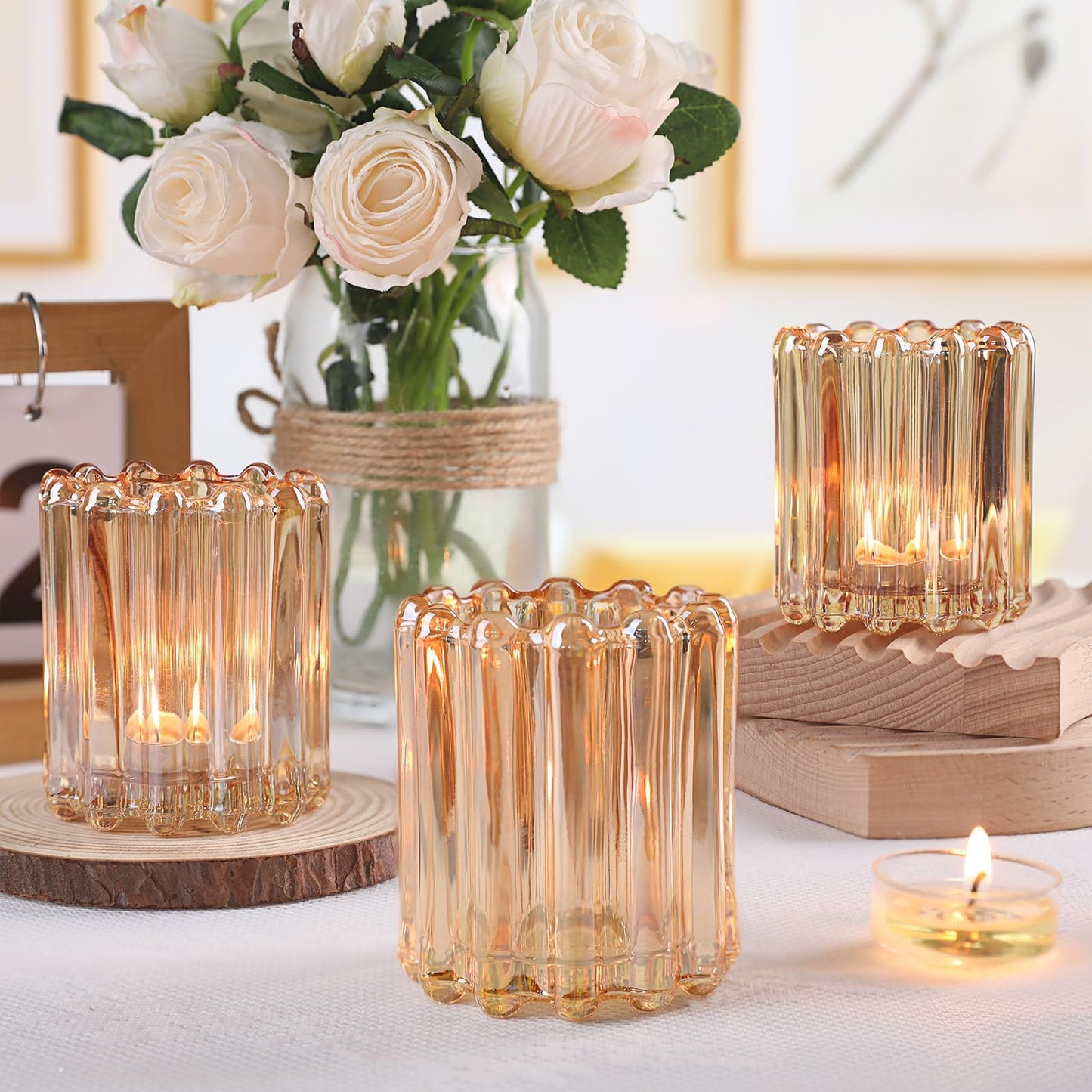 HAVITI 6 Pcs Votive Candle Holder, Gold Glass Large Candle Holders, Tealight Candle Holder for Fall Wedding Centerpieces Dinner Party Table Decor