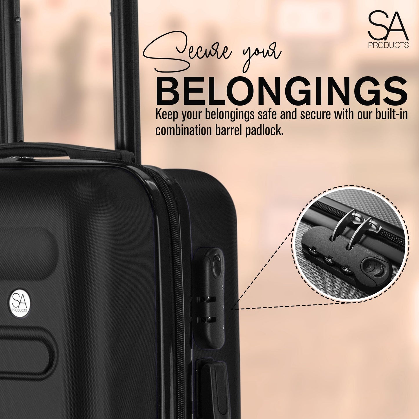 SA Products Cabin Suitcase | 34L Carry On Suitcase, Cabin Bag 55x40x20 with Combination Lock | Hard Shell Suitcase with 4 Wheels Cabin Luggage, Cabin Bags 55 x 40 x 20 Approved (Black)