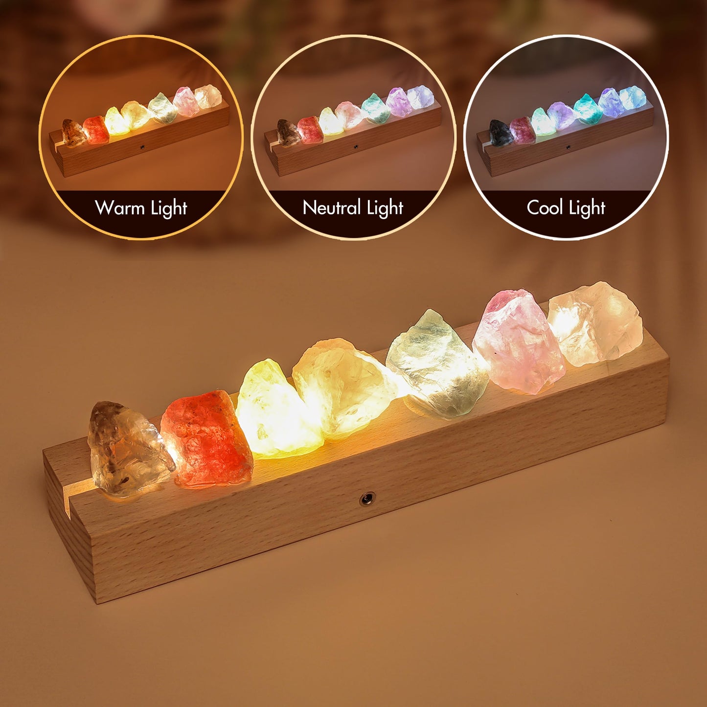 HYAMVOR Healing Crystal Night Light, 7 Chakra Natural Bedside Lamp with Wooden LED Light Base, Healing Stones Positive Energy Night Lights for Home Decor Gifts (Rechargeable)