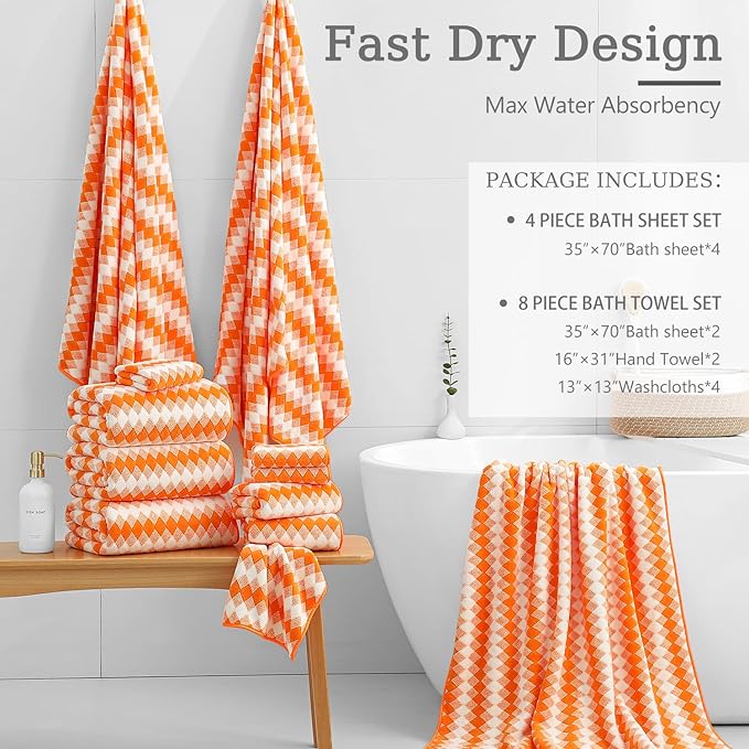 8 Piece Bathroom Towel Set |2 Oversized Bath Towels, 2 Hand Towels, 4