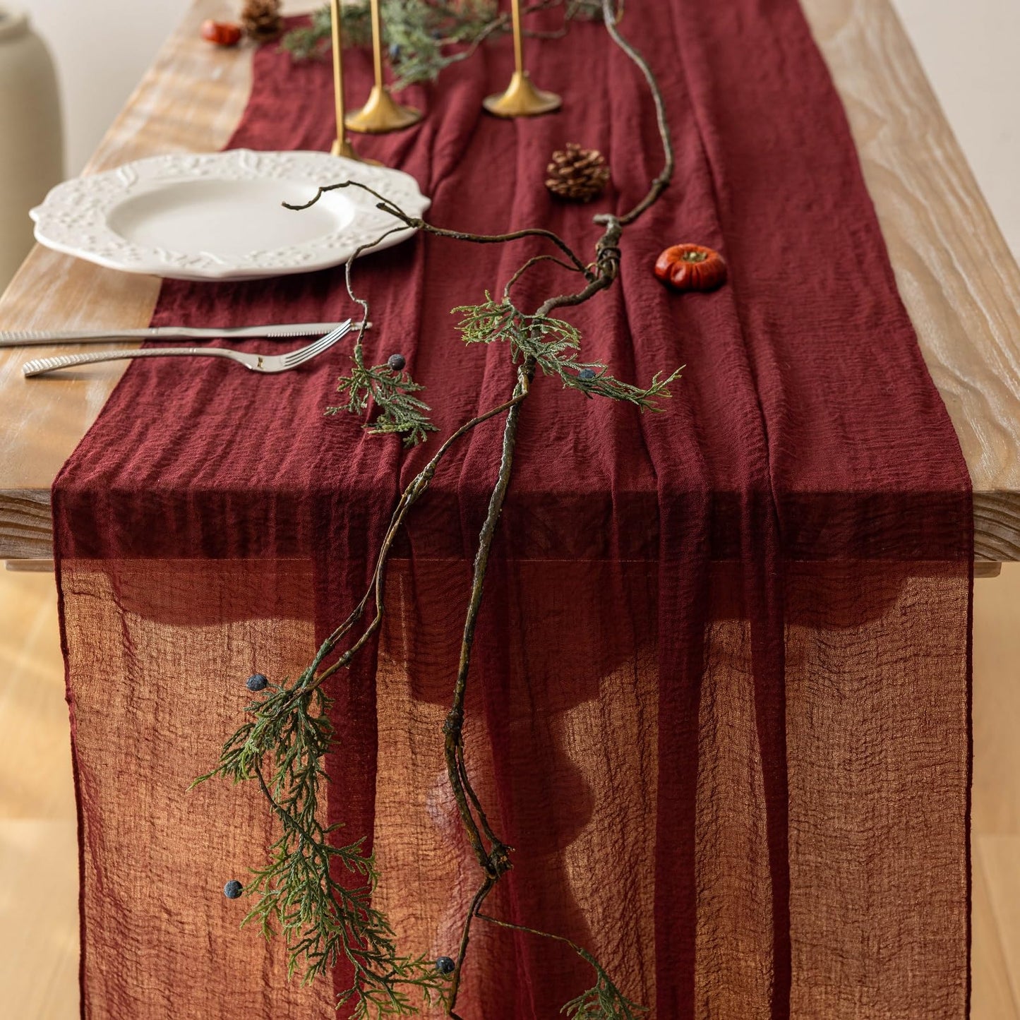 Keketoarrange Burgundy Christmas Table Runner Decor Red Cheesecloth Gauze 120 Inch 10 FT Rustic Boho Cheese Cloth Runner for Wedding Baby Bridal Shower Party Long Sheer Home Christmas Decorations