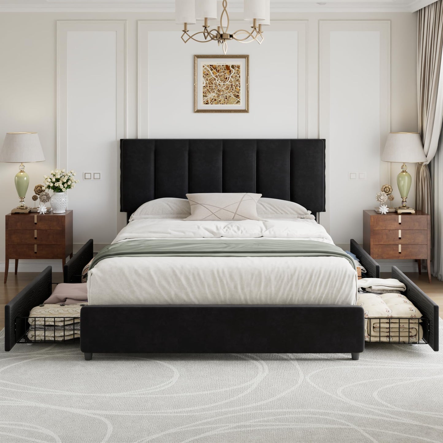 VECELO Full Size Bed Frame with 4 Storage Drawers, Adjustable Height Headboard, Heavy-Duty Platform Bedframe with Strong Wooden Slats, No Box Spring Needed, Black