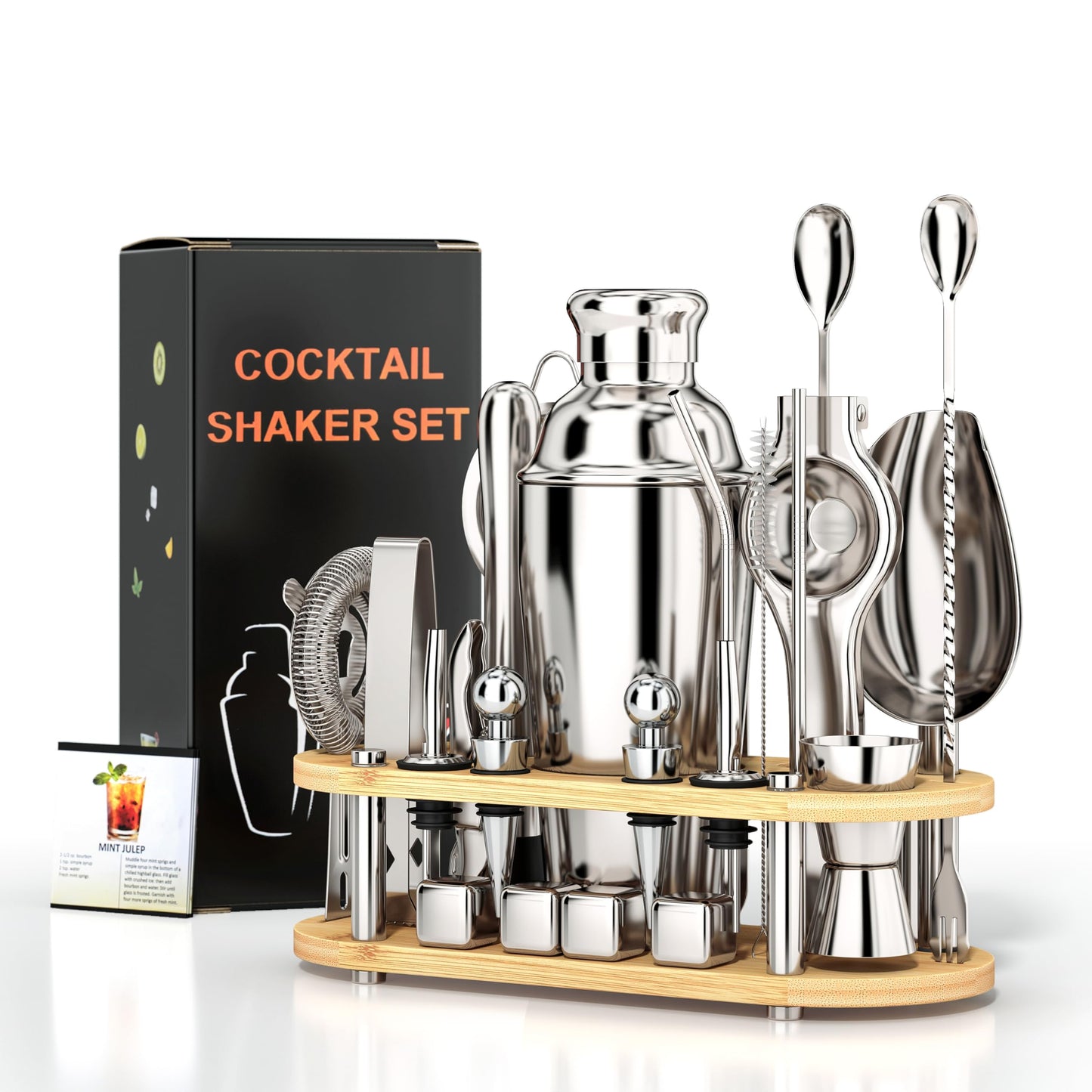 EffiQ-Rate Cocktail Shaker Set, 25-Piece Stainless Steel Bartender Kit with Wood Organizer Stand & Cocktail Recipes, Professional Bar Mixology Tools with All Essential Accessories for Drink Mixing