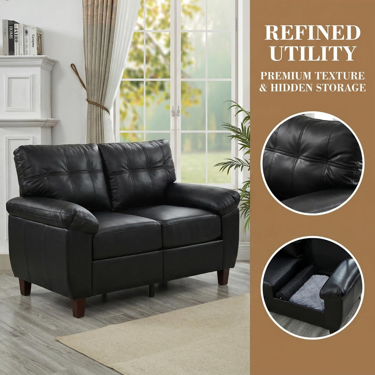 KEIKI 79"Modern PU Leather Living Room Sofa Couch with Storage, Three Seater with Wide Armrests and Tufted Back Cushions, Comfortable Spring Seat Support Couch for Living Room Apartment Lounge, Brown