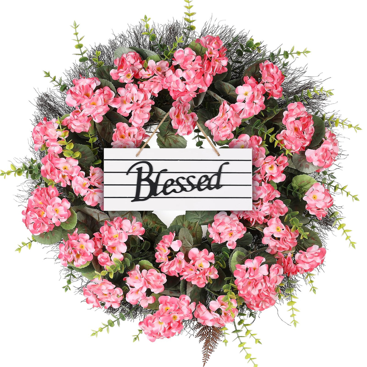 KuiMen Spring Summer Wreaths for Front Door 24 Inch Pink Artificial Geranium Wreath with Blessed Hanging Sign for Indoor and Outdoor Decor
