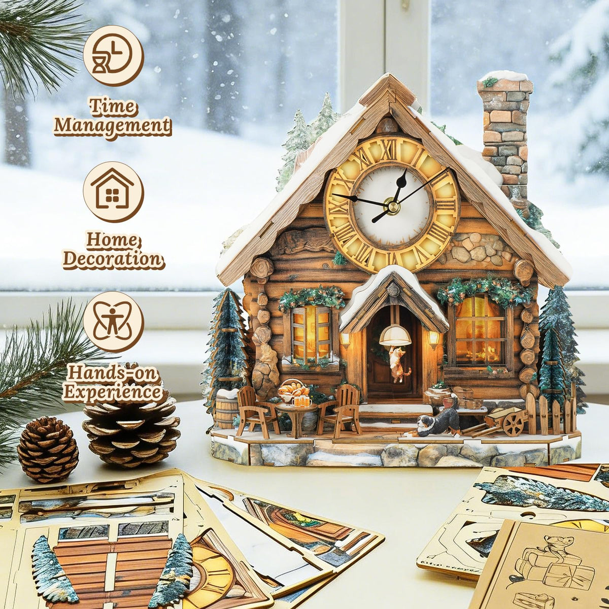 wudhank 3D Puzzle for Adults Clock - Swiss Chalet Design Model Kit-Mechanical DIY Pendulum Clock with Roman Numerals-Desk Home Office Decor Personalized Gift for DIY Lovers