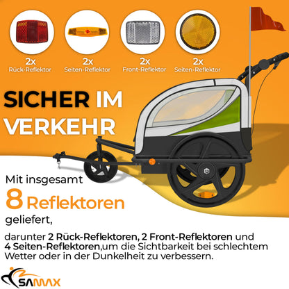 SAMAX Children Bike Trailer 2in1 Kids Jogger Stroller with Suspension 360° rotatable Childs Bicycle Trailer Transport Buggy Carrier for 2 Kids in Green - Black Frame