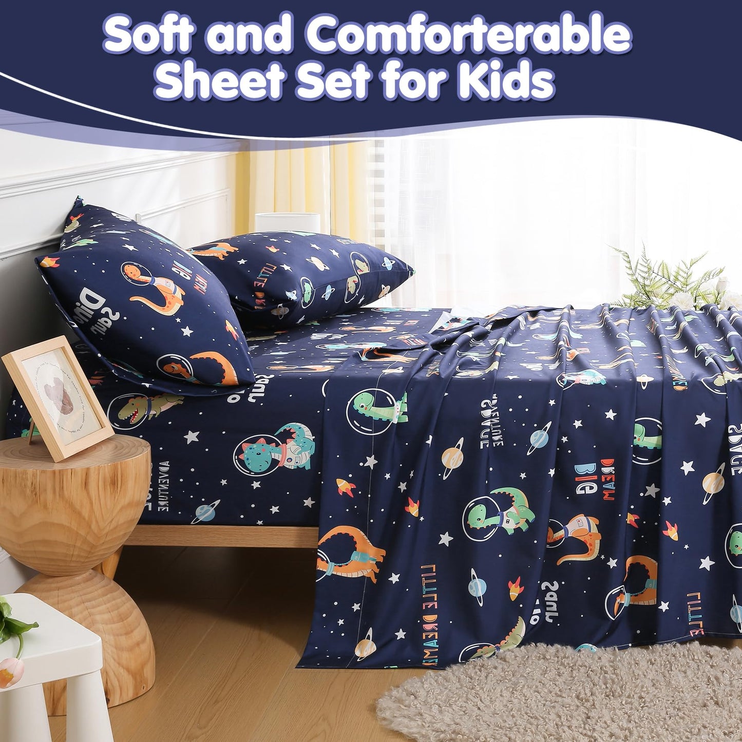 CIMVI Kids Full Size Bed Sheets Dinosaur Space Sheet Sets for Boys 15-Inch Deep Pocket Fitted Sheet Soft Breathable Microfiber Bedsheet with Pillowcase Children Room Decor