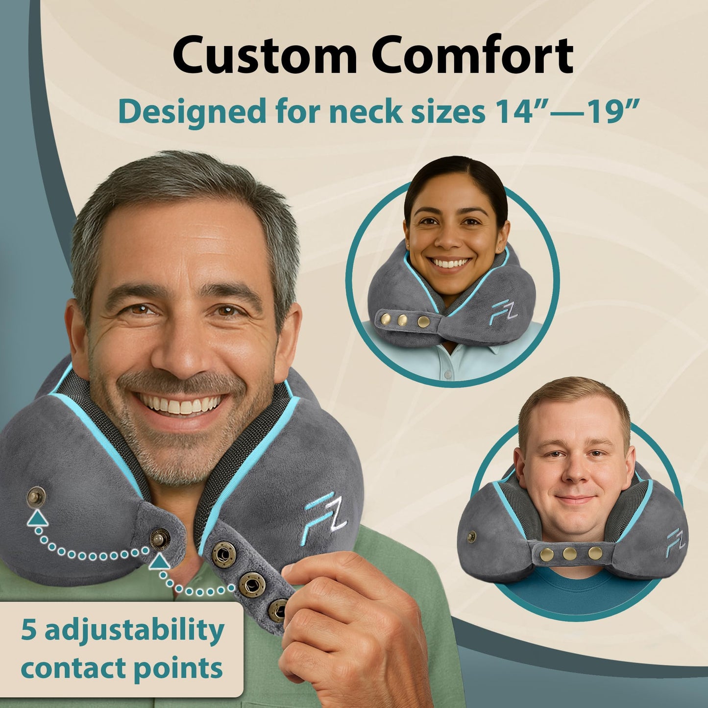 FLOWZOOM Comfy Memory Foam Travel Pillow for Airplane & Car – Adjustable Neck Cushion with 360° Support, Soft, Washable Plush Cover and Compact Mesh Bag - Grey